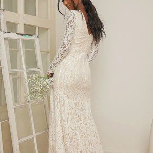 Lulu's Say I Do White Lace Long Sleeve Mermaid Maxi Dress Size Medium